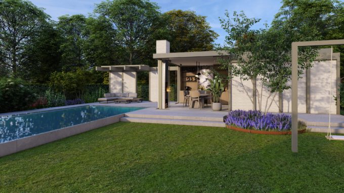Poolhouse in gevelsteen en aluminium te Wervik.
