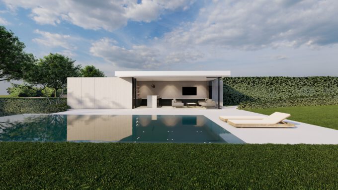 Moderne poolhouse met verschillende terrassen + infinity pool te Roeselare.
