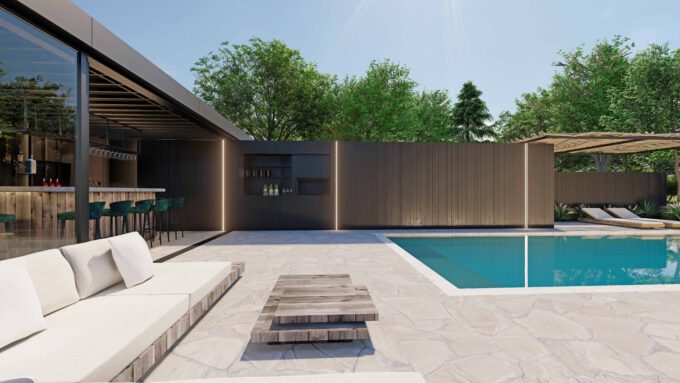 Ontwerp van gezellige poolhouse met zwembad en terrassen.