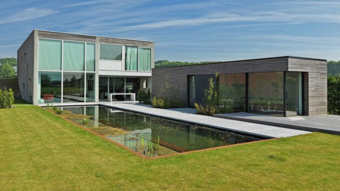 Modern pool house in ash wood.